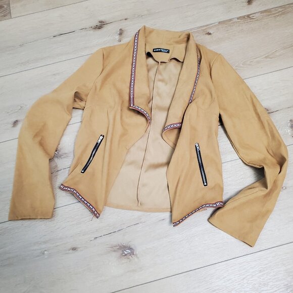 Faux Suede Camel Cardigan Wrap Jacket Western Boho Open Front Embroider Trim XS - Picture 7 of 10